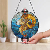 Ram Stained Glass Suncatcher, Bold Blue Wave and Golden Horn Window Panel, Zodiac Aries Home Decor, Animal Art Gift for Nature Lovers