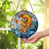 Ram Stained Glass Suncatcher, Bold Blue Wave and Golden Horn Window Panel, Zodiac Aries Home Decor, Animal Art Gift for Nature Lovers