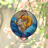 Ram Stained Glass Suncatcher, Bold Blue Wave and Golden Horn Window Panel, Zodiac Aries Home Decor, Animal Art Gift for Nature Lovers