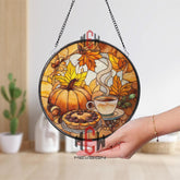 Autumn Tea and Pumpkin Stained Glass Suncatcher, Cozy Fall Window Decor with Pie and Leaves, Seasonal Kitchen or Living Room Panel