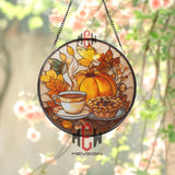 Autumn Tea and Pumpkin Stained Glass Suncatcher, Cozy Fall Window Decor with Pie and Leaves, Seasonal Kitchen or Living Room Panel