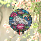 White Swan and Pink Lotus Stained Glass Suncatcher, Round Water Lily Window Panel, Nature Pond Glass Art for Home and Garden Decor