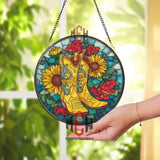 Yellow Cowboy Boots and Sunflowers Stained Glass Suncatcher, Round Western Floral Window Panel, Rustic Country Glass Art Home Decor