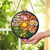 Ramen Bowl Stained Glass Suncatcher, Round Japanese Noodle Soup Window Panel with Eggs, Vegetables, and Pork, Asian Kitchen Decor