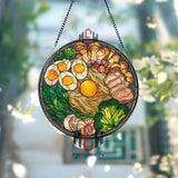 Ramen Bowl Stained Glass Suncatcher, Round Japanese Noodle Soup Window Panel with Eggs, Vegetables, and Pork, Asian Kitchen Decor