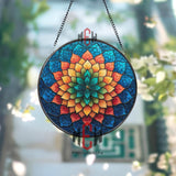 Rainbow Mandala Flower Stained Glass Suncatcher, Round Geometric Lotus Window Panel, Colorful Boho Glass Art for Spiritual Home Decor