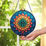 Rainbow Mandala Flower Stained Glass Suncatcher, Round Geometric Lotus Window Panel, Colorful Boho Glass Art for Spiritual Home Decor