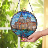 Venice Grand Canal Stained Glass Suncatcher, Round Italian Cityscape Window Panel with Gondolas, Travel Glass Art Home Decor