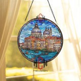 Venice Grand Canal Stained Glass Suncatcher, Round Italian Cityscape Window Panel with Gondolas, Travel Glass Art Home Decor