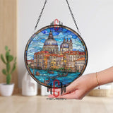 Venice Grand Canal Stained Glass Suncatcher, Round Italian Cityscape Window Panel with Gondolas, Travel Glass Art Home Decor