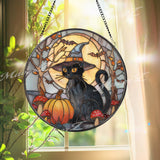 Black Cat Suncatcher: Halloween Pumpkin, Moon, Gothic Glass Art