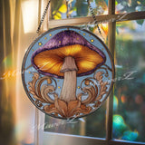 Purple Mushroom Stained Glass Suncatcher: Fantasy Toadstool Window Decor