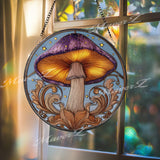 Purple Mushroom Stained Glass Suncatcher: Fantasy Toadstool Window Decor