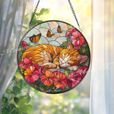 Orange Cat Suncatcher: Floral Stained Glass Window Decor