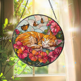 Orange Cat Suncatcher: Floral Stained Glass Window Decor