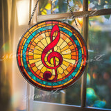 Treble Clef Suncatcher: Red, Yellow & Teal Musical Glass Art
