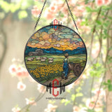 Boy and Sheep Stained Glass Suncatcher, Round Farm Landscape Window Panel, Sunset Pasture Art for Country Home Decor