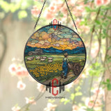 Boy and Sheep Stained Glass Suncatcher, Round Farm Landscape Window Panel, Sunset Pasture Art for Country Home Decor