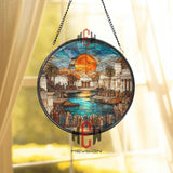 Ancient City Stained Glass Suncatcher, Round Historical Window Art Panel, Sunset Temple Scene with Crowd and Water Reflection