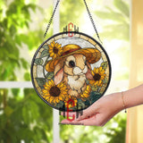 Bunny with Sunflowers Stained Glass Suncatcher, Round Window Panel, Cute Rabbit in Straw Hat Art for Cottagecore Spring Decor