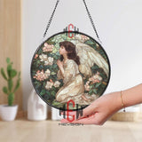Praying Angel Stained Glass Suncatcher, Round Window Panel with Floral Garden, Spiritual Angel Art for Memorial or Faith Decor