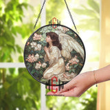 Praying Angel Stained Glass Suncatcher, Round Window Panel with Floral Garden, Spiritual Angel Art for Memorial or Faith Decor