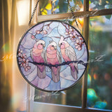 Pink Cockatoo Suncatcher: Cherry Blossom Stained Glass Window Panel