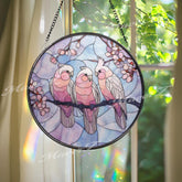 Pink Cockatoo Suncatcher: Cherry Blossom Stained Glass Window Panel