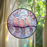 Pink Cockatoo Suncatcher: Cherry Blossom Stained Glass Window Panel