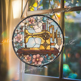 Vintage Sewing Machine Stained Glass Suncatcher: Floral Quilting Decor
