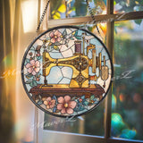 Vintage Sewing Machine Stained Glass Suncatcher: Floral Quilting Decor