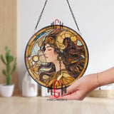 Zodiac Goddess Stained Glass Suncatcher, Elegant Ram Horn Woman Round Window Panel, Mythical Fantasy Astrology Glass Decor for Home