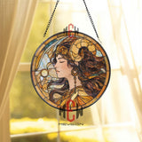 Zodiac Goddess Stained Glass Suncatcher, Elegant Ram Horn Woman Round Window Panel, Mythical Fantasy Astrology Glass Decor for Home