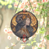 Zodiac Goddess Stained Glass Suncatcher, Elegant Ram Horn Woman Round Window Panel, Mythical Fantasy Astrology Glass Decor for Home