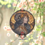 Zodiac Goddess Stained Glass Suncatcher, Elegant Ram Horn Woman Round Window Panel, Mythical Fantasy Astrology Glass Decor for Home