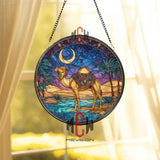 Desert Camel Stained Glass Suncatcher, Crescent Moon Oasis Round Window Panel, Arabian Nights Sand Dunes Home Decor Gift