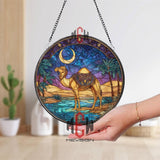 Desert Camel Stained Glass Suncatcher, Crescent Moon Oasis Round Window Panel, Arabian Nights Sand Dunes Home Decor Gift