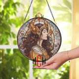 Golden Goddess Stained Glass Suncatcher, Art Nouveau Woman Round Panel, Fantasy Mythical Lady Window Hanging Home Decor