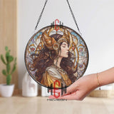 Golden Goddess Stained Glass Suncatcher, Art Nouveau Woman Round Panel, Fantasy Mythical Lady Window Hanging Home Decor
