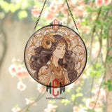 Golden Goddess Stained Glass Suncatcher, Art Nouveau Woman Round Panel, Fantasy Mythical Lady Window Hanging Home Decor