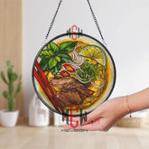 Vietnamese Pho Beef Stained Glass Suncatcher, Noodle Soup Round Window Panel, Asian Cuisine Kitchen Glass Art Decor for Food Lovers