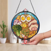 Japanese Ramen Stained Glass Suncatcher, Noodle Soup Window Hanging with Eggs Pork and Vegetables, Asian Kitchen Glass Art Decor Gift