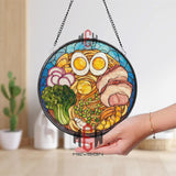 Japanese Ramen Stained Glass Suncatcher, Noodle Soup Window Hanging with Eggs Pork and Vegetables, Asian Kitchen Glass Art Decor Gift