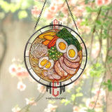 Japanese Ramen Stained Glass Suncatcher, Noodle Soup Window Hanging with Eggs Pork and Vegetables, Asian Kitchen Glass Art Decor Gift