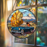 Vintage Car Suncatcher: Autumn Landscape, Retro Glass Art Window Decor
