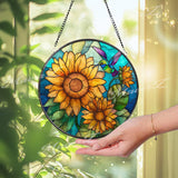 Sunflower Hummingbird Glass Suncatcher: Floral Window Art Decor