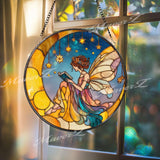 Fairy Reading Suncatcher: Crescent Moon Stained Glass Window Panel