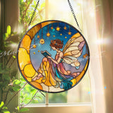Fairy Reading Suncatcher: Crescent Moon Stained Glass Window Panel