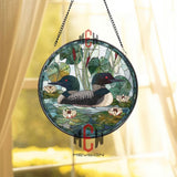 Common Loons and Water Lilies Stained Glass Suncatcher, Round Lake Scene Window Panel, Nature Wildlife Glass Art Decor for Bird Lovers