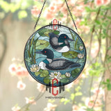 Common Loons and Water Lilies Stained Glass Suncatcher, Round Lake Scene Window Panel, Nature Wildlife Glass Art Decor for Bird Lovers